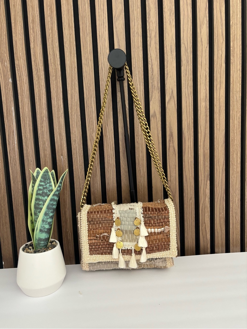 Elektra’s Workshop Handmade Greece Woven Crossbody Bag Coin Tassel Boho Chic